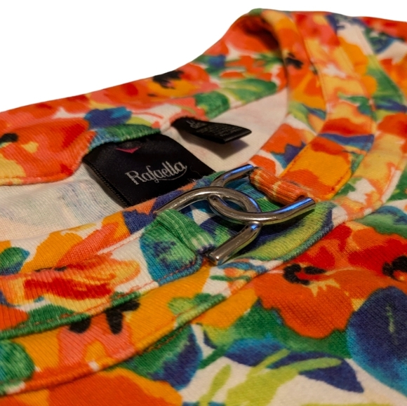 Rafaella Bright Vibrant Cotton Floral Top with Metal Embellishment Orange Red, L - Picture 3 of 8